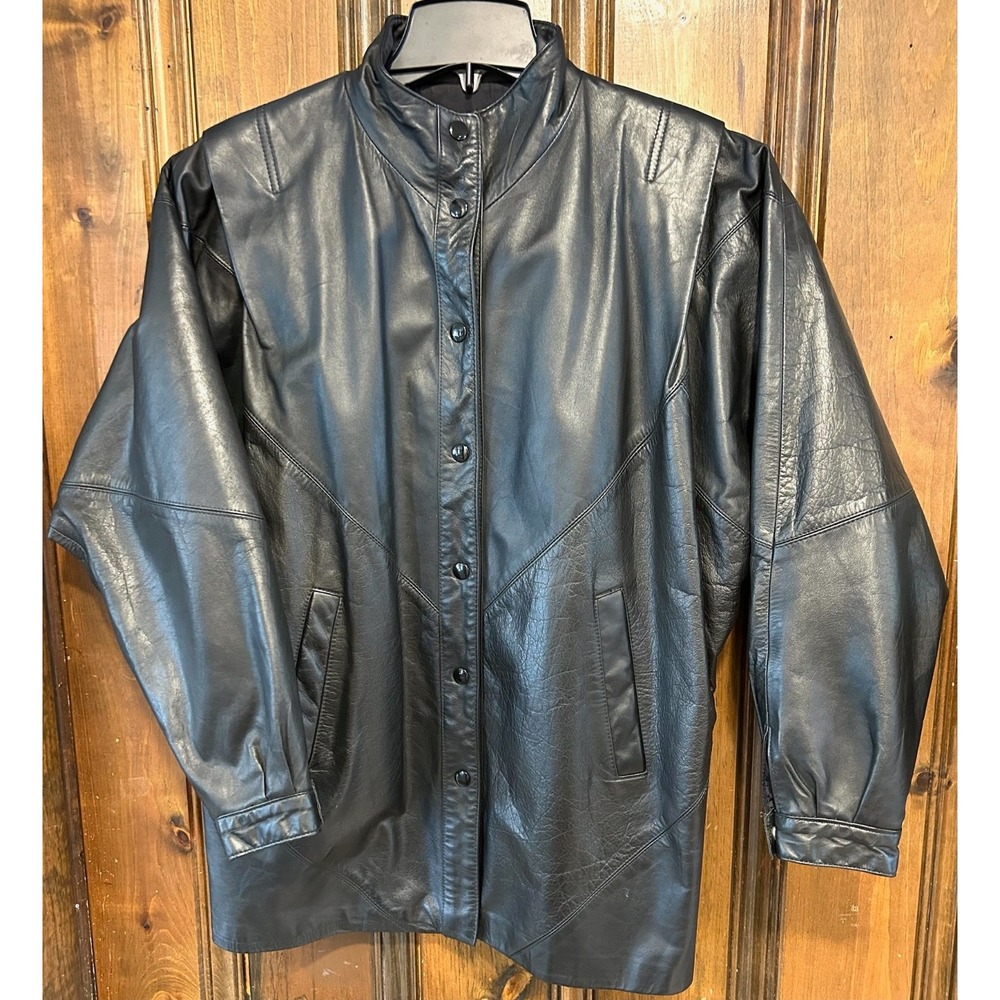 Vintage Tibor Leather Jacket 80's Snap-Up, Mandarin Collar, Pleats Retro Mens M